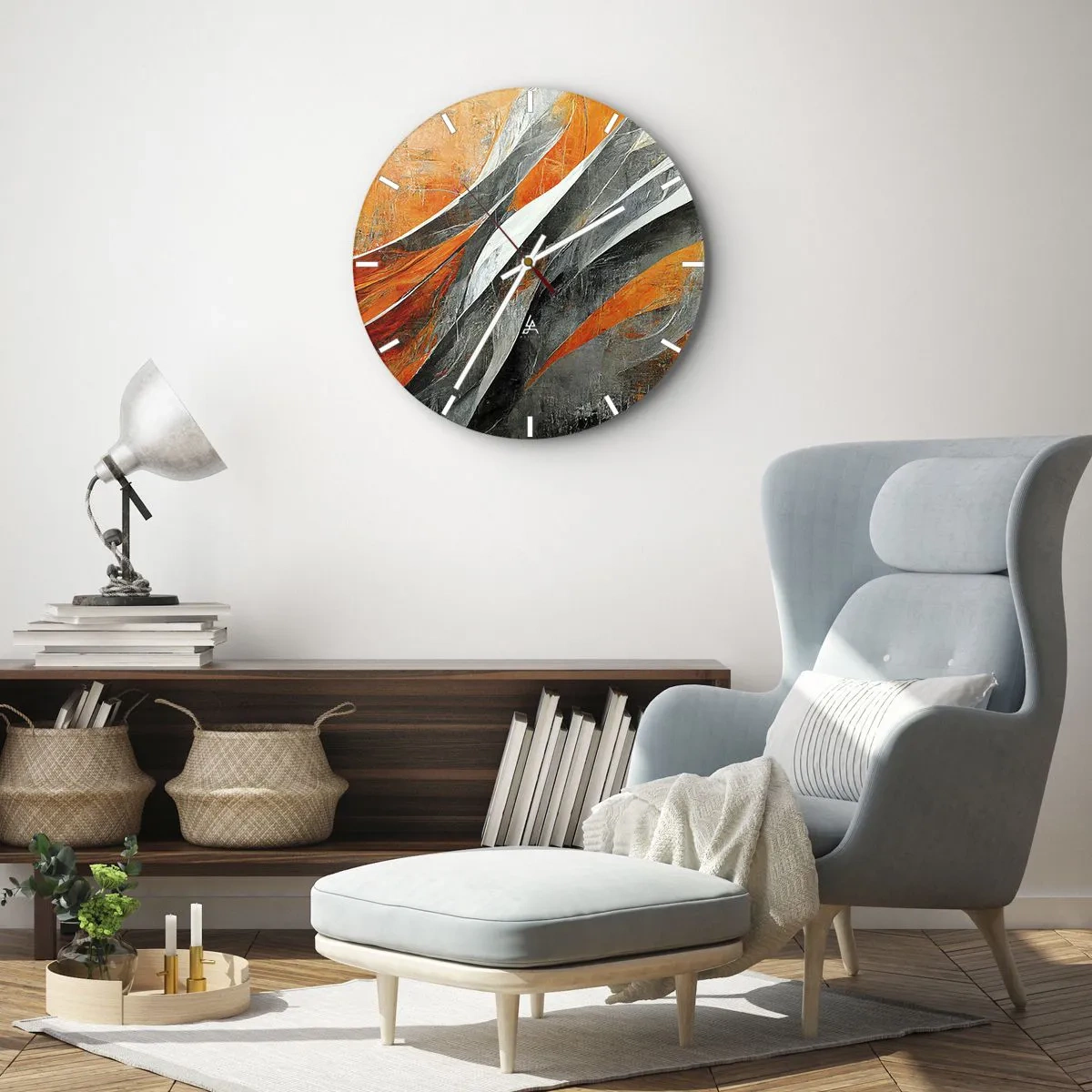 Wall clock - Clock on glass - Dynamic streaks of orange, black and gray - 30x30cm - Heat and Coolness - Modern wall decoration for the living room, kitchen, and bedroom ARTTOR