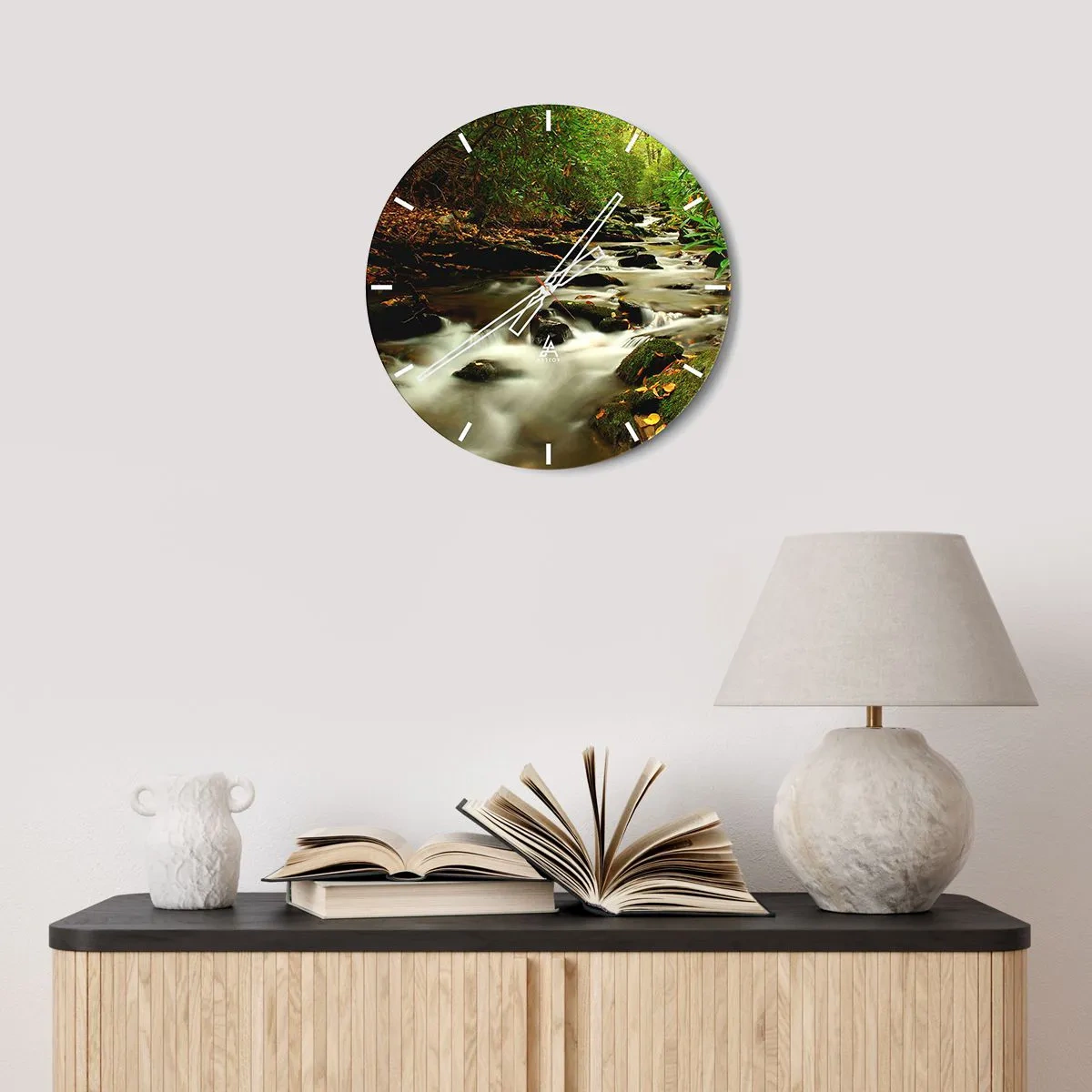 Wall clock - Clock on glass - A forest stream surrounded by greenery - 30x30cm - Like Live Wire - Modern wall decoration for the living room, kitchen, and bedroom ARTTOR