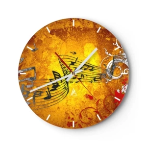 Wall clock - Clock on glass - Golden background with musical notes and decorative musical elements - 30x30cm - Let the Music Flow - Modern wall decoration for the living room, kitchen, and bedroom ARTTOR