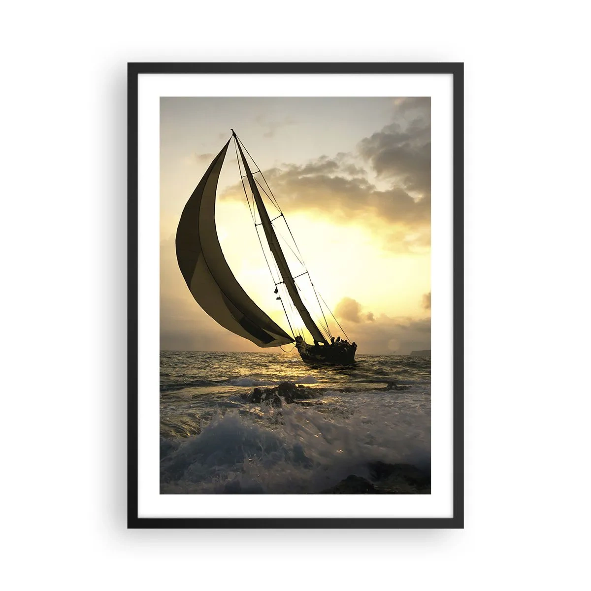 Poster in black frame - A sailboat on a stormy sea in the glow of the setting sun - 50x70cm - With and against the Wind - Modern wall decoration for the living room and bedroom ARTTOR