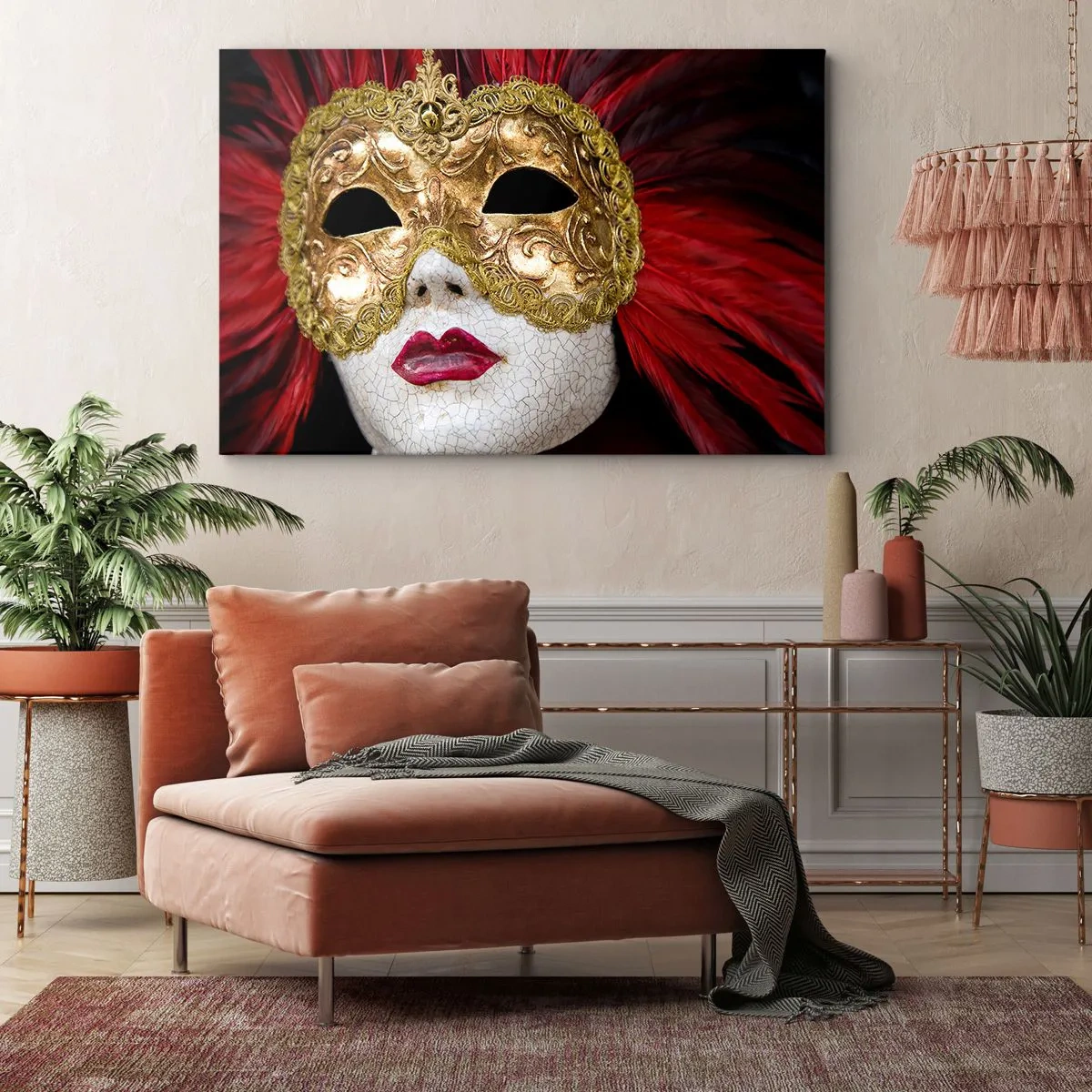 Canvas picture - Gold Venetian mask with red feathers - 70x50cm - Promise Of Carnival Adventure - Modern wall decoration for the living room and bedroom ARTTOR