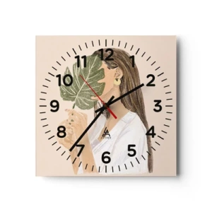 Wall clock - Clock on glass - Mysterious Portrait with a Fan - 40x40 cm