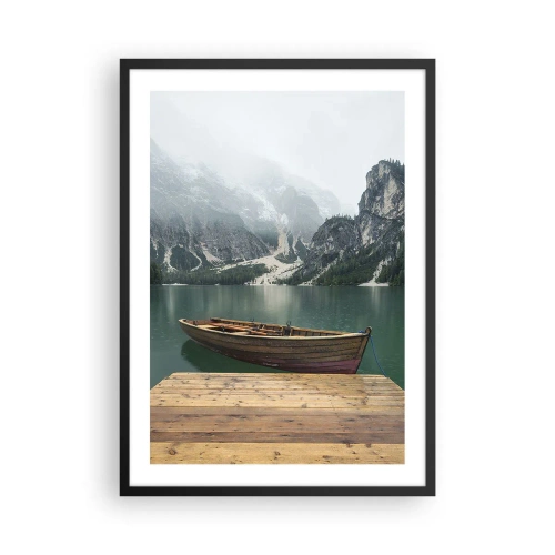 Poster in black frame - A boat at the pier with mountains and a lake in the background - 50x70cm - Boat Found Solitude - Modern wall decoration for the living room and bedroom ARTTOR