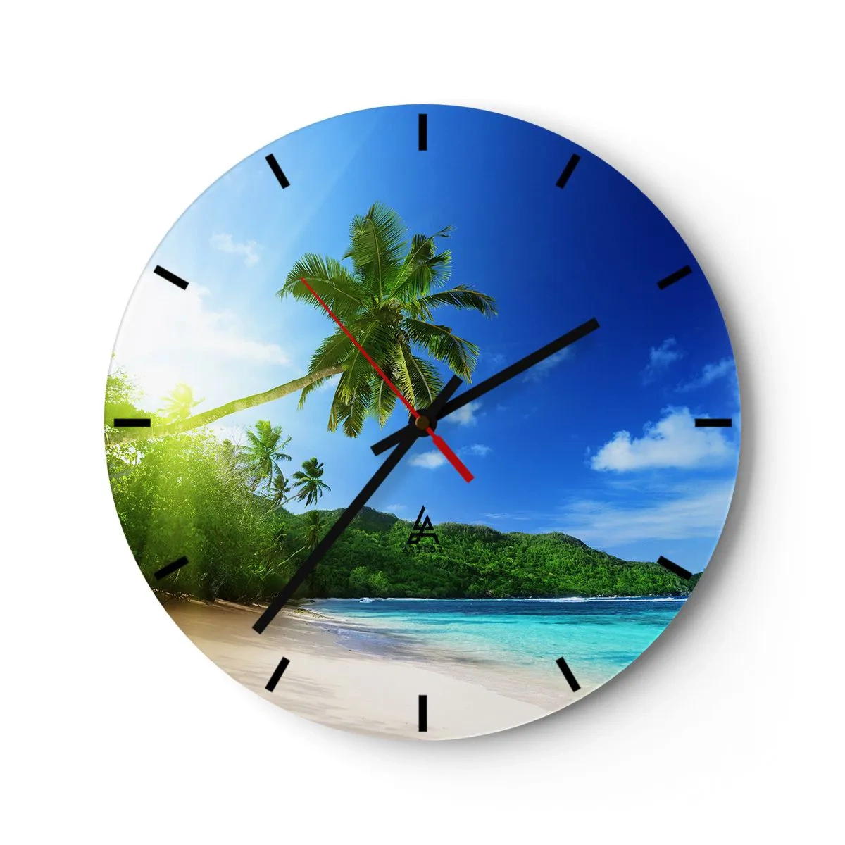 Wall clock - Clock on glass - A beach with palm trees and a turquoise sea under a blue sky - 30x30cm - Mild Touch of the Tropics - Modern wall decoration for the living room, kitchen, and bedroom ARTTOR