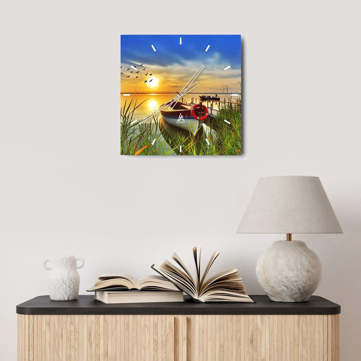 Wall clock - Clock on glass - Cormorants Are Flying Away - 30x30 cm