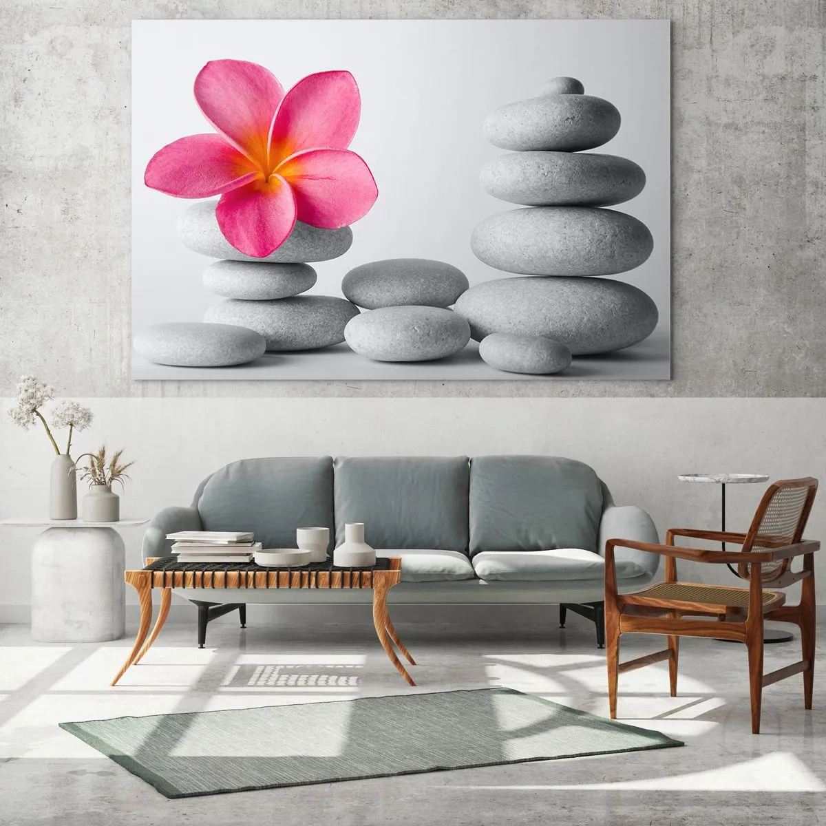 Glass picture - A pink flower against a pile of white stones - 70x50cm - Stone on Stone - Modern wall decoration for the living room and bedroom ARTTOR