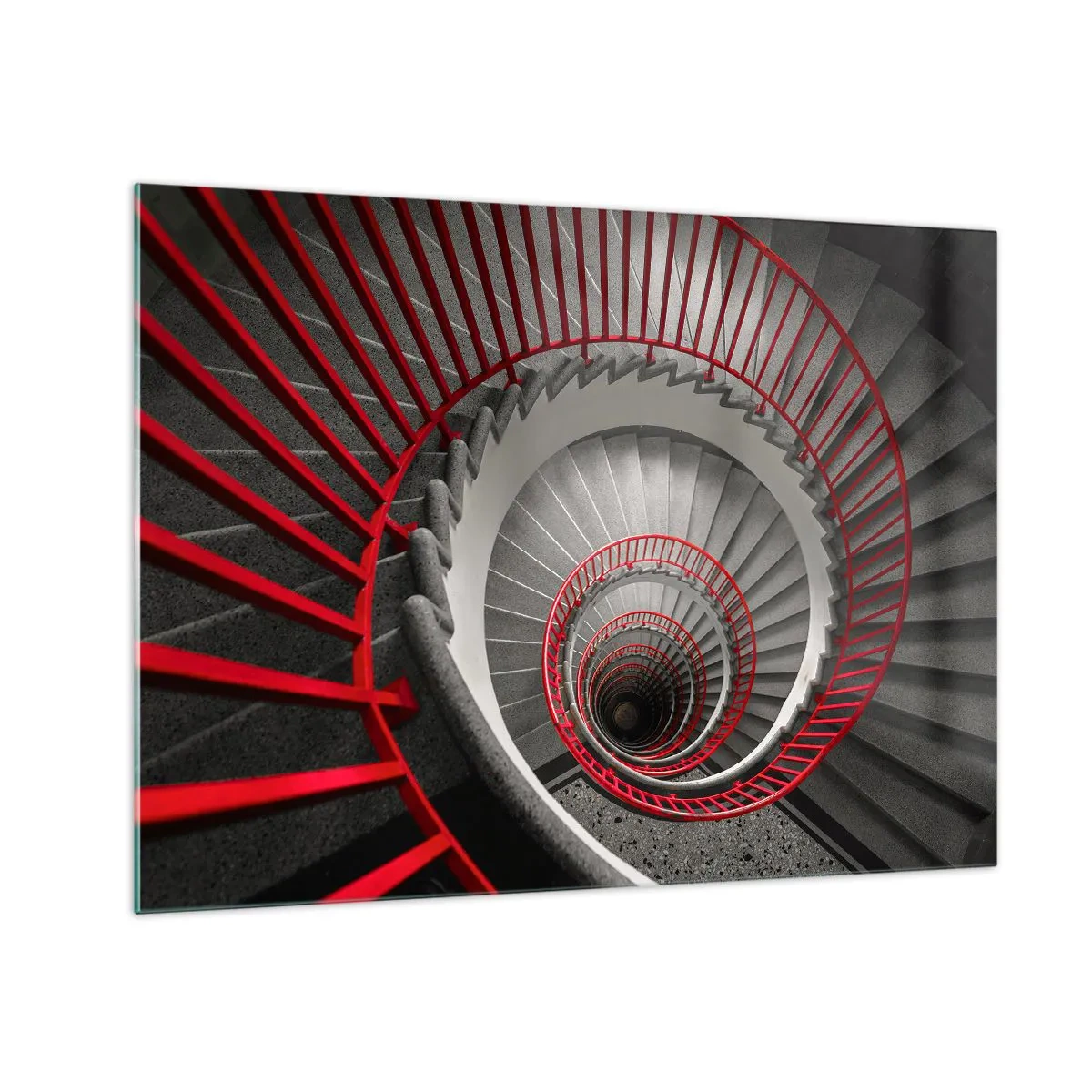 Glass picture - Spiral staircase with red handrails in perspective - 70x50cm - Games of Architecture - Modern wall decoration for the living room and bedroom ARTTOR