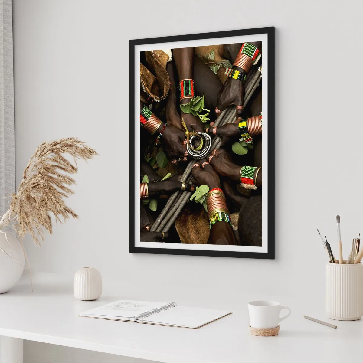 Poster in black frame - Hands in traditional bracelets, in a gesture of community - 50x70cm - We Are Together - Modern wall decoration for the living room and bedroom ARTTOR