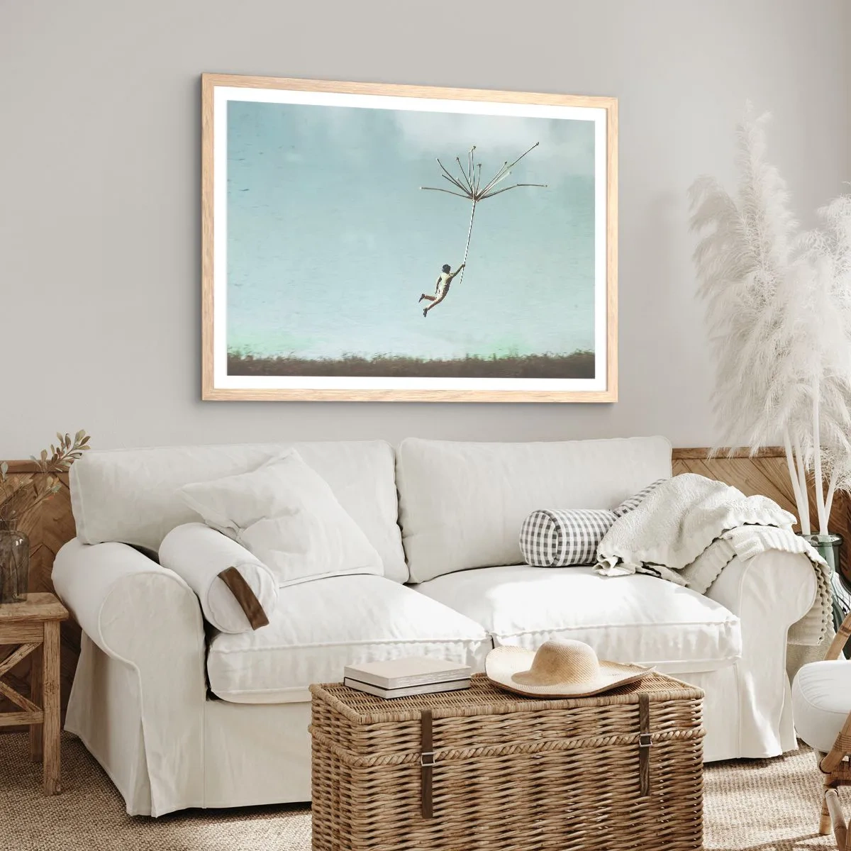 Poster in light oak frame - Kites, Dandelions, Wind - 40x30 cm