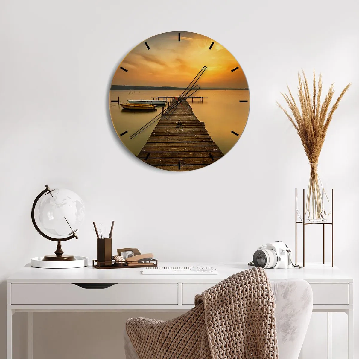 Wall clock - Clock on glass - A wooden jetty on a lake at sunset with a boat in the background - 30x30cm - I Will Open up Golden Sky before You - Modern wall decoration for the living room, kitchen, and bedroom ARTTOR