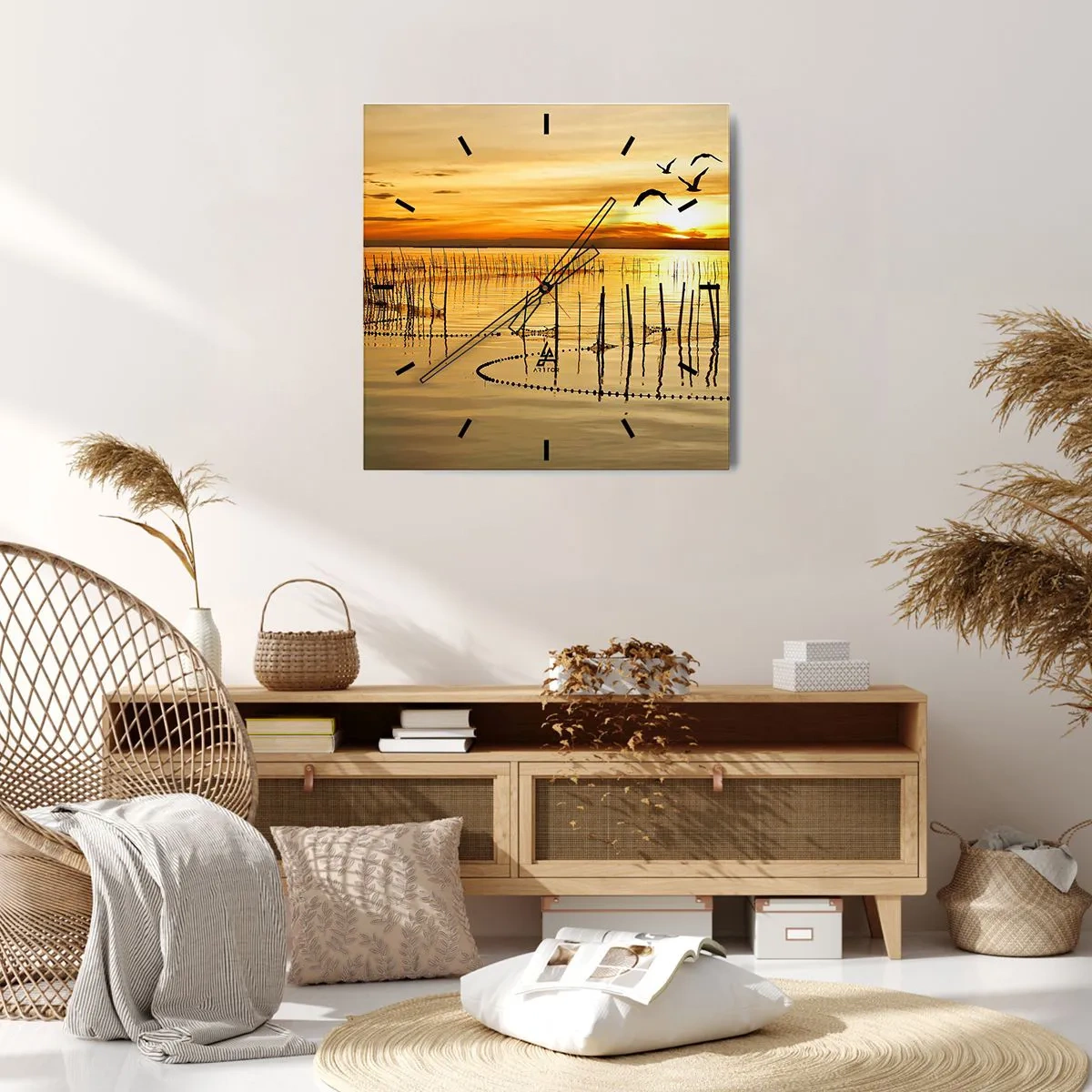 Wall clock - Clock on glass - At a Fishery - 30x30 cm