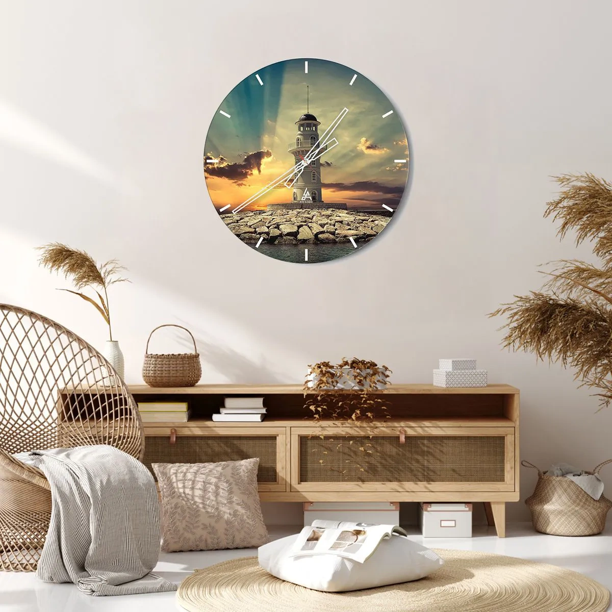 Wall clock - Clock on glass - Lighthouse against the backdrop of the sunset - 30x30cm - Light, Hope, Beauty - Modern wall decoration for the living room, kitchen, and bedroom ARTTOR
