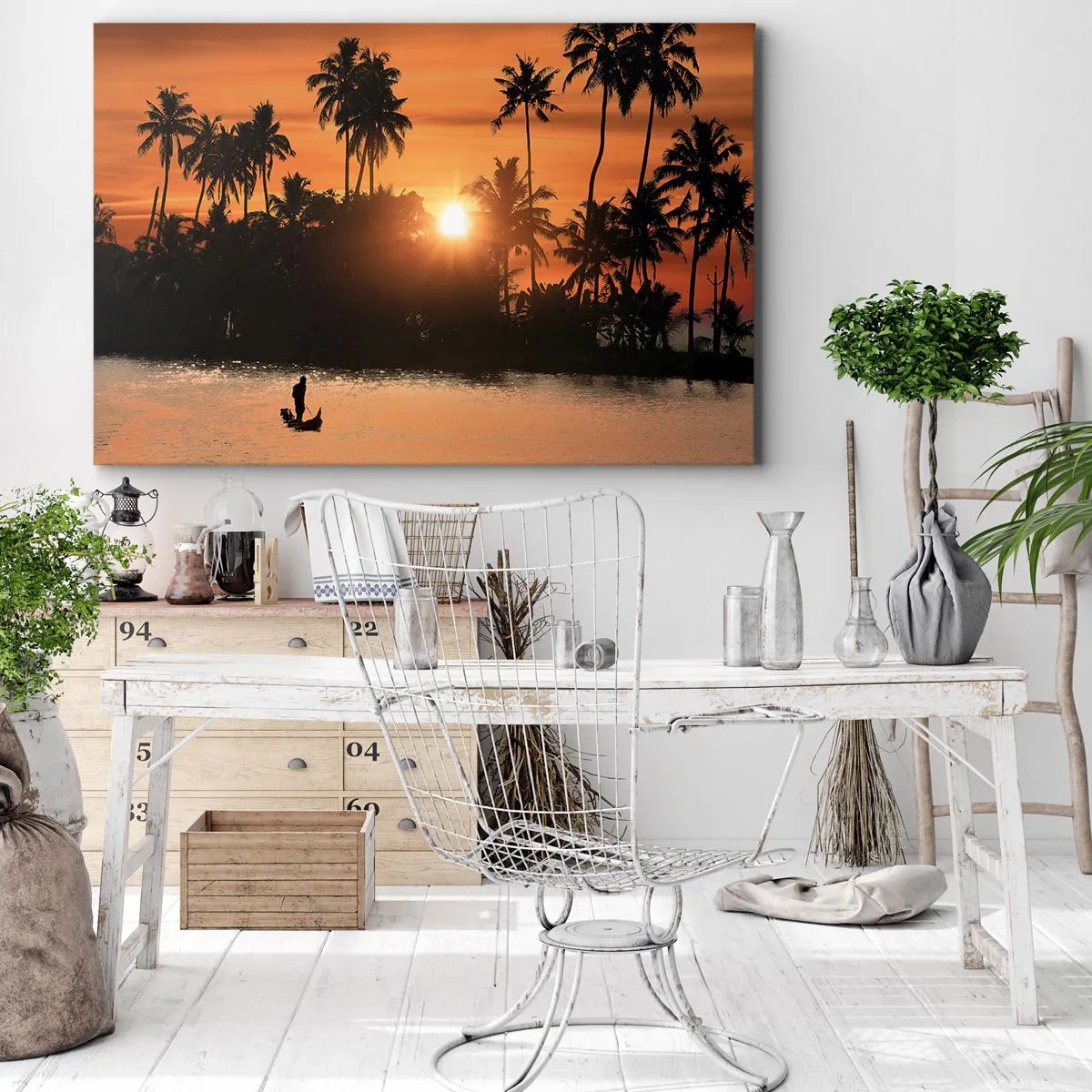Canvas picture - Sunset over palm trees and a calm lake with a boat - 70x50cm - Time for Rest - Modern wall decoration for the living room and bedroom ARTTOR