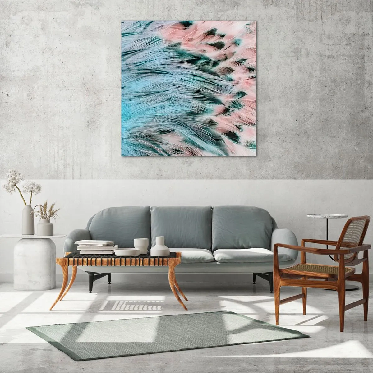 Glass picture - Sapphire and Pink Feathers - 60x60 cm