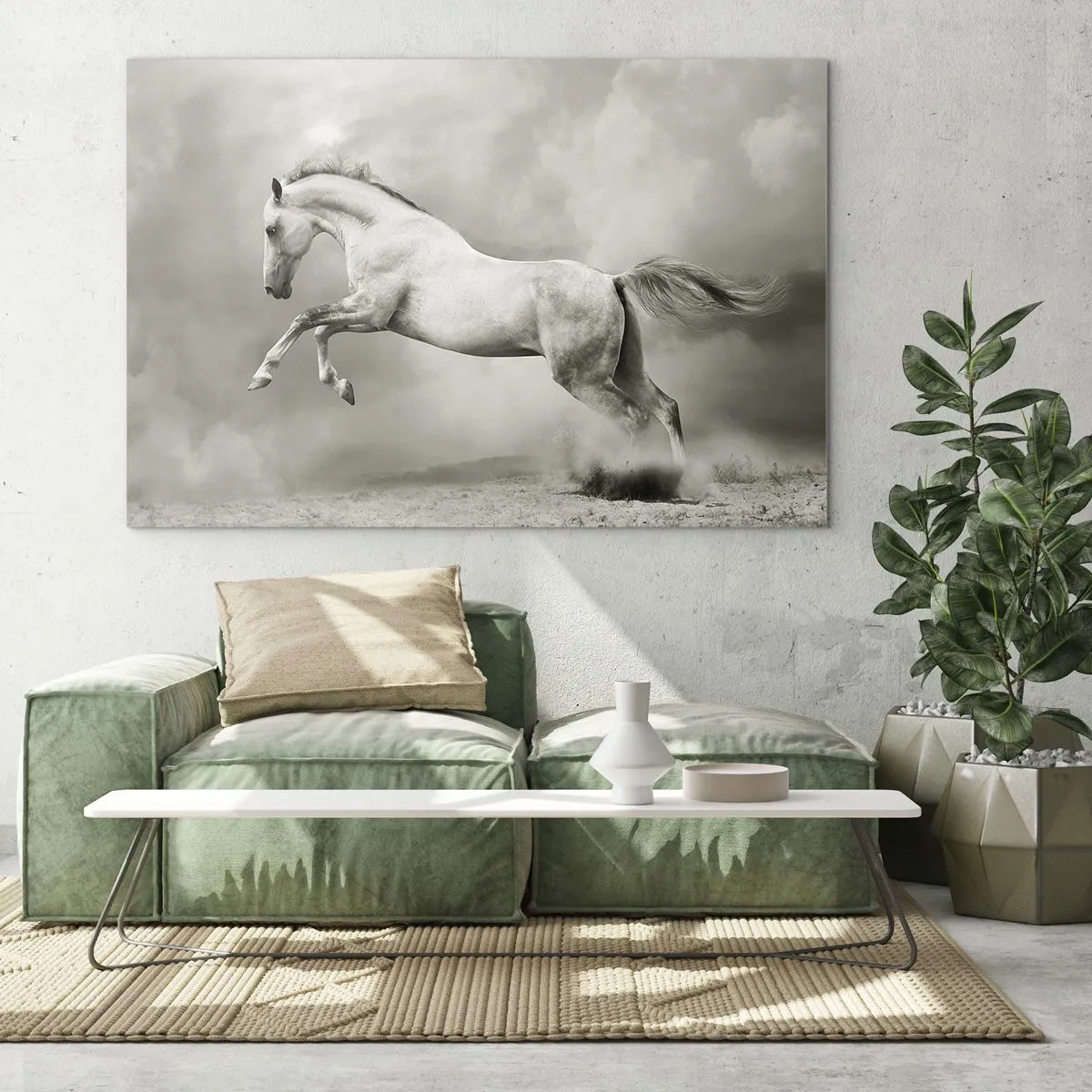 Glass picture - A white horse jumping against the clouds - 70x50cm - Between Dream and Reality - Modern wall decoration for the living room and bedroom ARTTOR