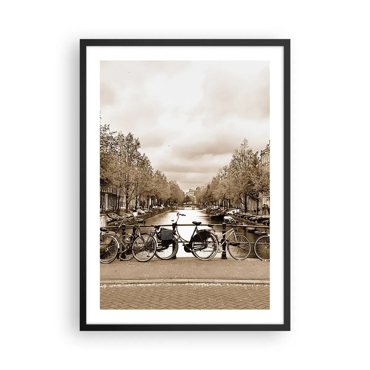 Poster in black frame - Sepia-toned bikes by the canal - 50x70cm - Dutch Atmosphere - Modern wall decoration for the living room and bedroom ARTTOR