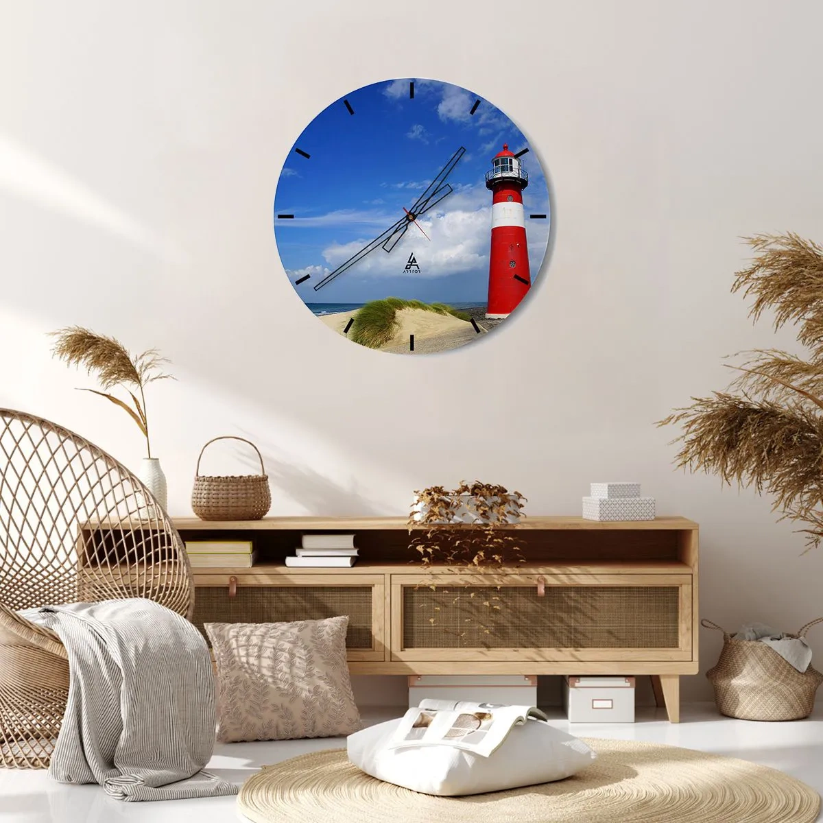Wall clock - Clock on glass - A red and white lighthouse against a blue sky - 30x30cm - Dreamlike Solitude - Modern wall decoration for the living room, kitchen, and bedroom ARTTOR
