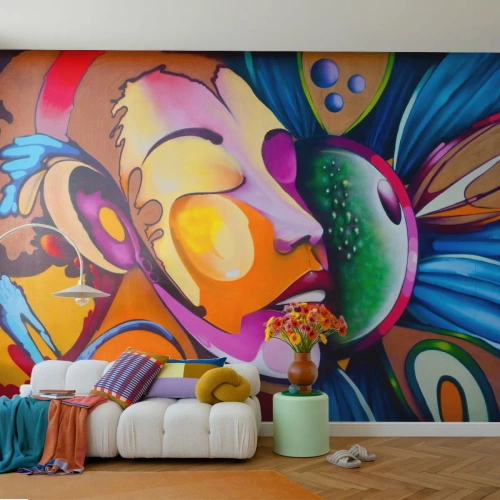 Photo Wallpaper Premium Canvas - Touching with a Colour - Abstraction, Woman, Cubism - 350x256 cm