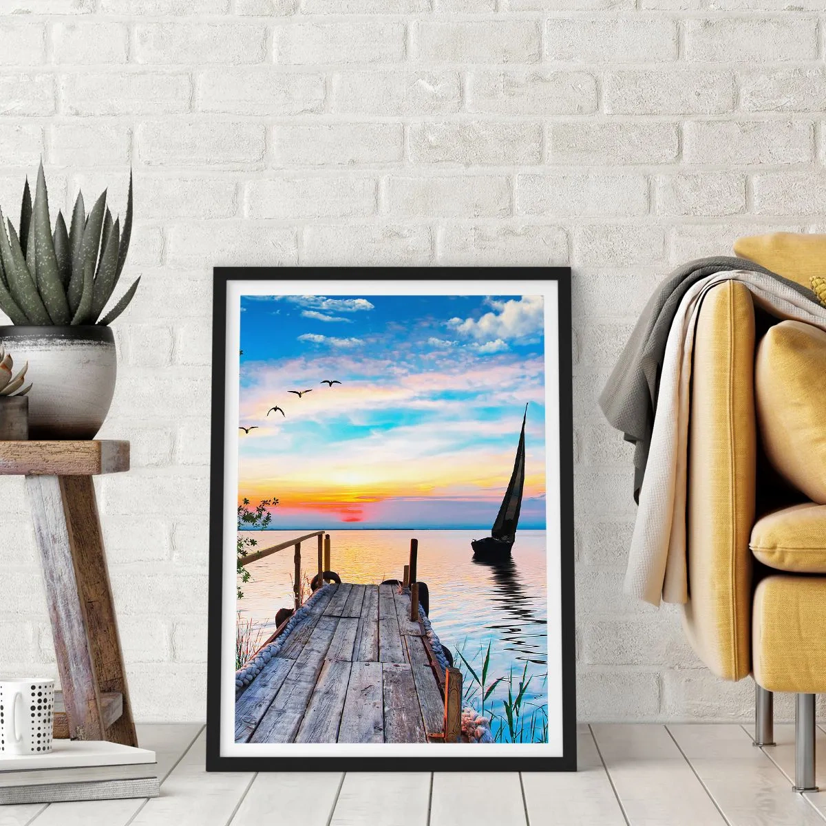 Poster in black frame - Lakeside Pier at Sunset - 50x70cm - Good Evening - Modern wall decoration for the living room and bedroom ARTTOR