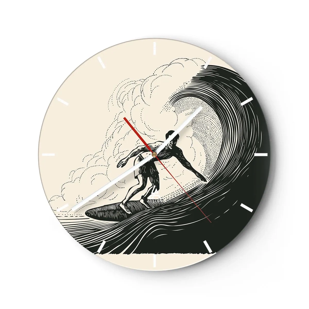 Wall clock - Clock on glass - Surfer on a retro wave - 30x30cm - King of the Wave - Modern wall decoration for the living room, kitchen, and bedroom ARTTOR