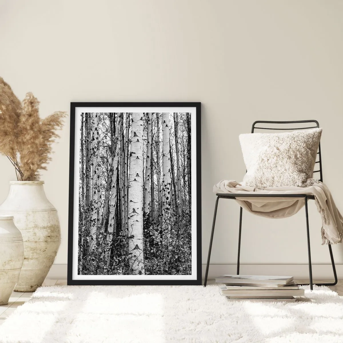 Poster in black frame - Black and white birch trees form a symmetrical forest - 50x70cm - Birch Colonnade - Modern wall decoration for the living room and bedroom ARTTOR