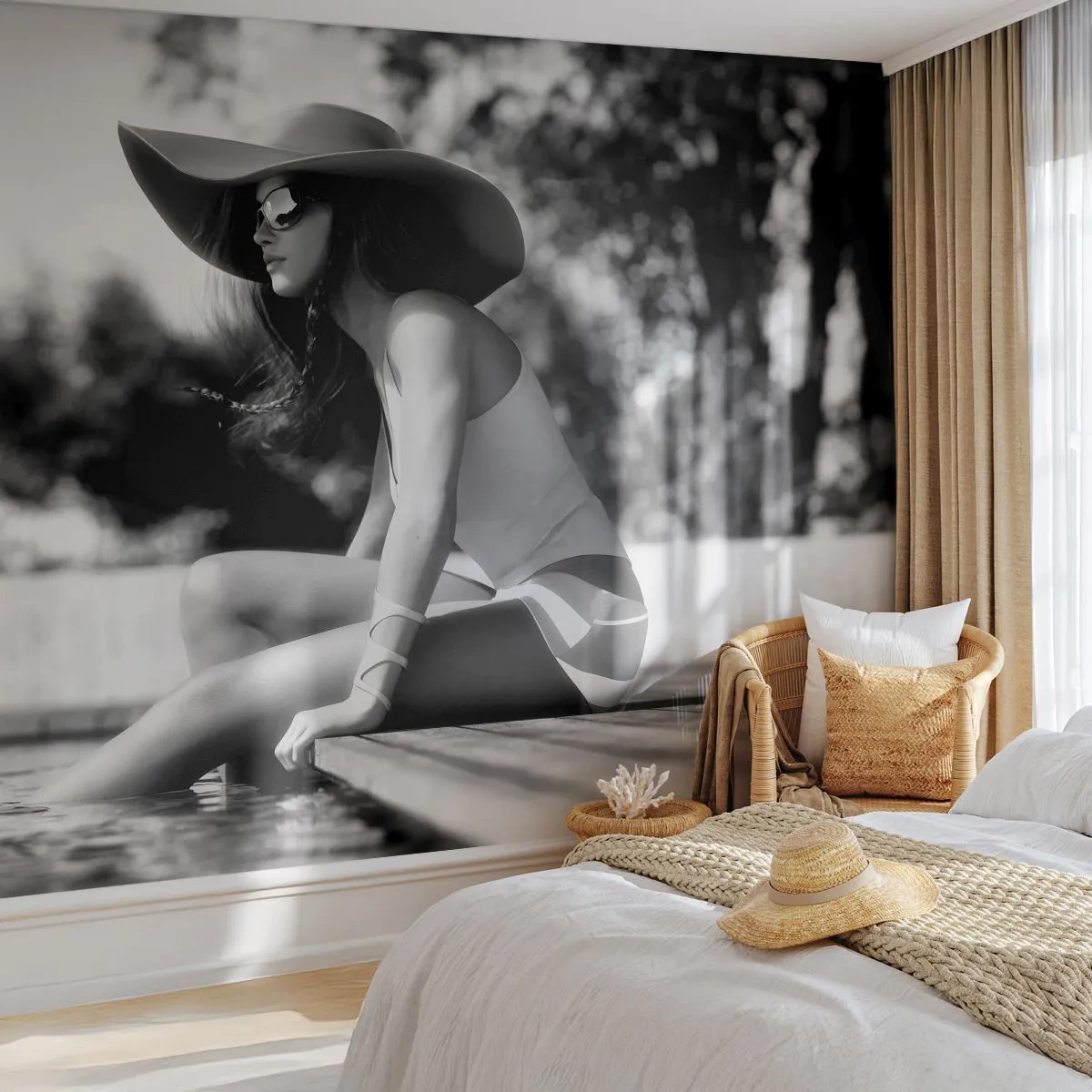 Photo Wallpaper Premium Canvas - Summer Dream - Woman, Hat, Swimming pool - 500x350 cm