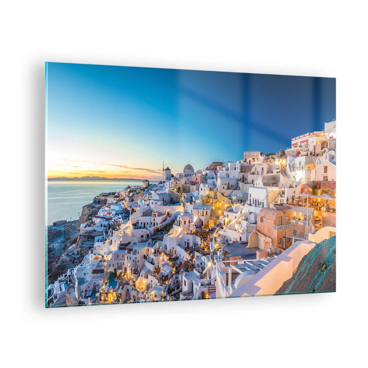 Glass picture - Panorama of Santorini at sunset - 70x50cm - Essence of Greekness - Modern wall decoration for the living room and bedroom ARTTOR