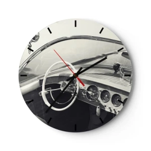 Wall clock - Clock on glass - Interior of a classic car with steering wheel and dashboard - 30x30cm - Weather for the Rich - Modern wall decoration for the living room, kitchen, and bedroom ARTTOR