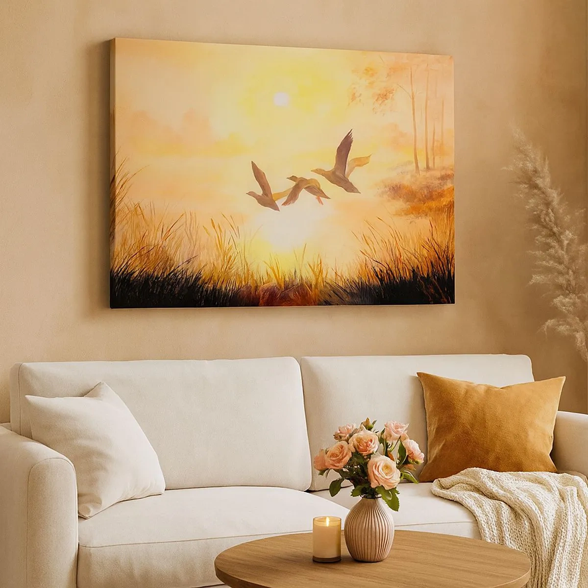Canvas picture - Ducks flying at sunrise over the lake - 70x50cm - Beginning of a Distant Journey - Modern wall decoration for the living room and bedroom ARTTOR