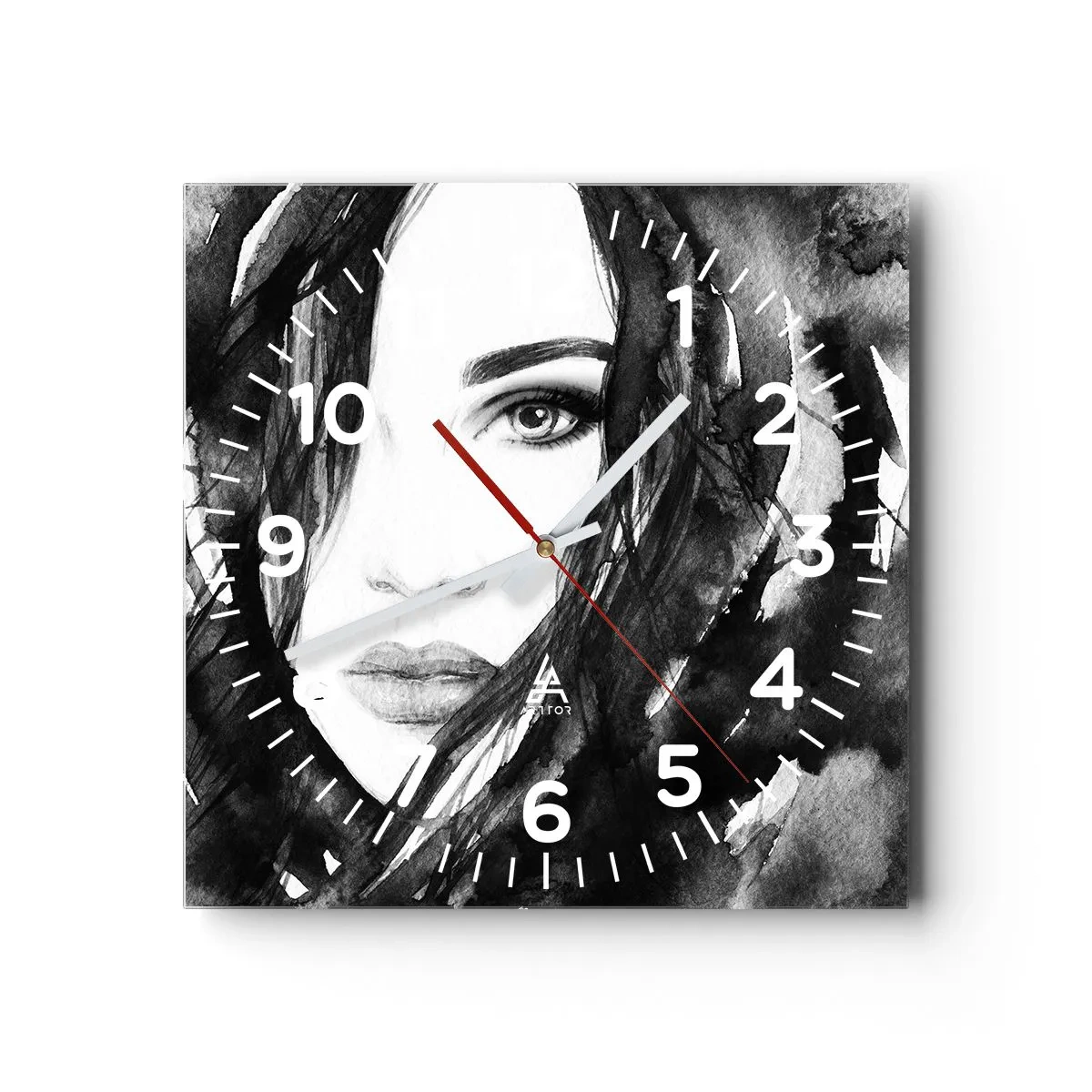 Wall clock - Clock on glass - Portriat of a Lady in Black and White - 30x30 cm