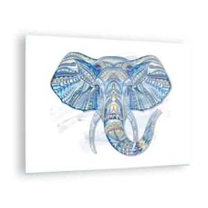 Glass picture - Blue elephant in an artistic style with geometric patterns - 70x50cm - Adorned in Gold and Blue - Modern wall decoration for the living room and bedroom ARTTOR
