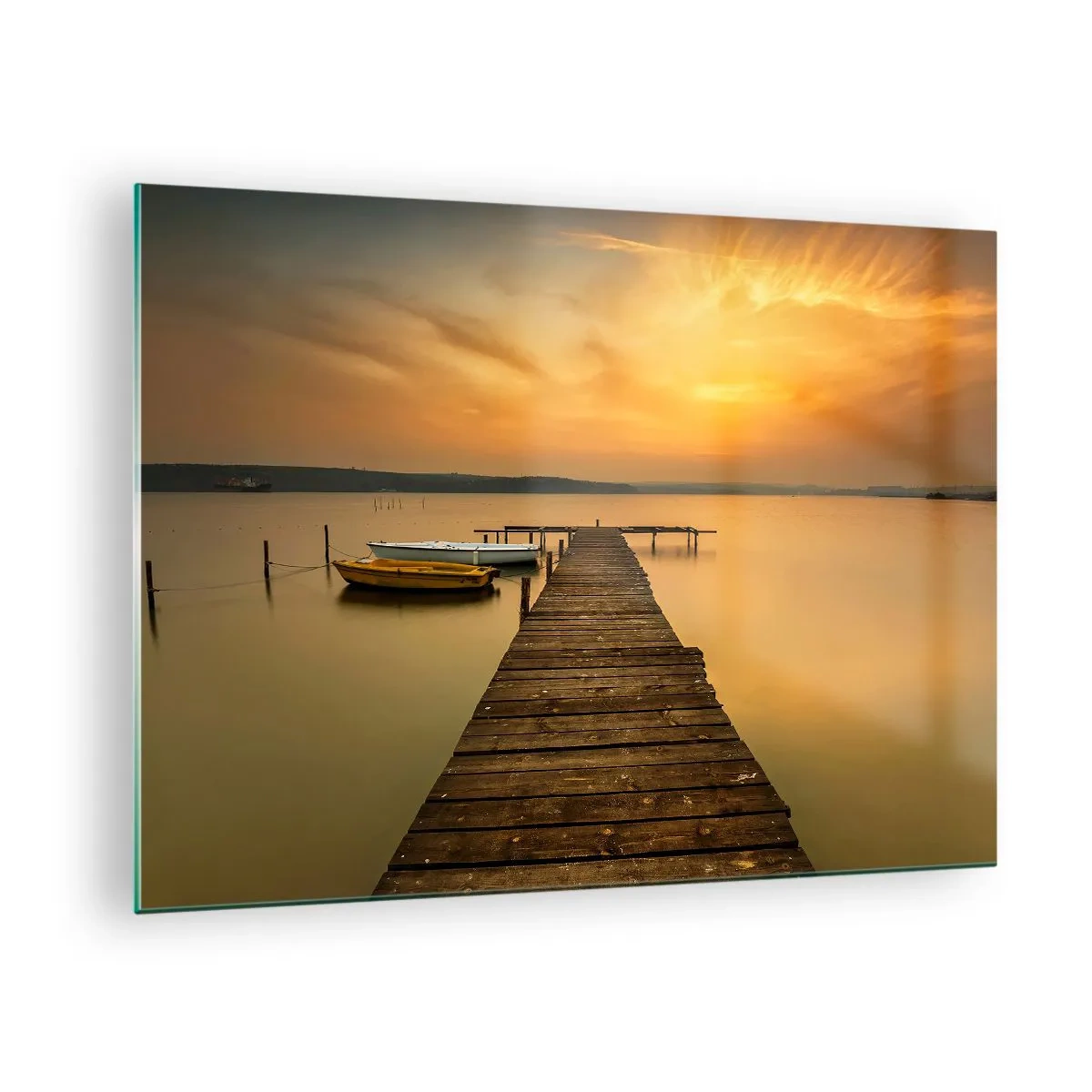 Glass picture - Pier on the lake at sunset with a boat - 70x50cm - I Will Open up Golden Sky before You - Modern wall decoration for the living room and bedroom ARTTOR
