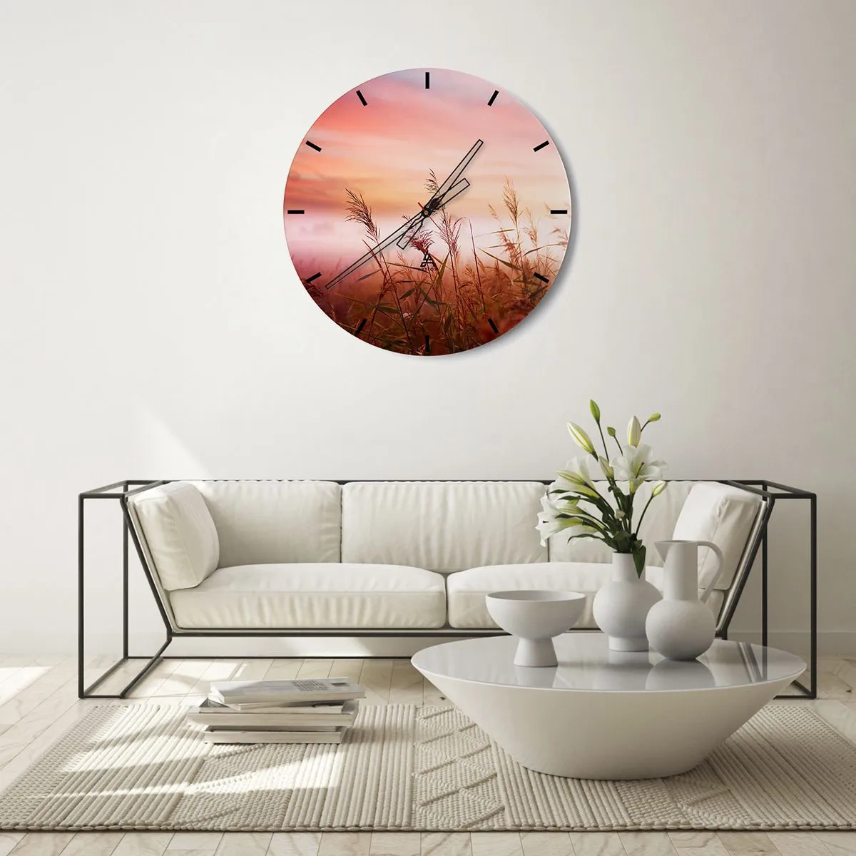 Wall clock - Clock on glass - A field of grass at dawn in warm shades of pink and orange - 30x30cm - Blowing in the Wind - Modern wall decoration for the living room, kitchen, and bedroom ARTTOR