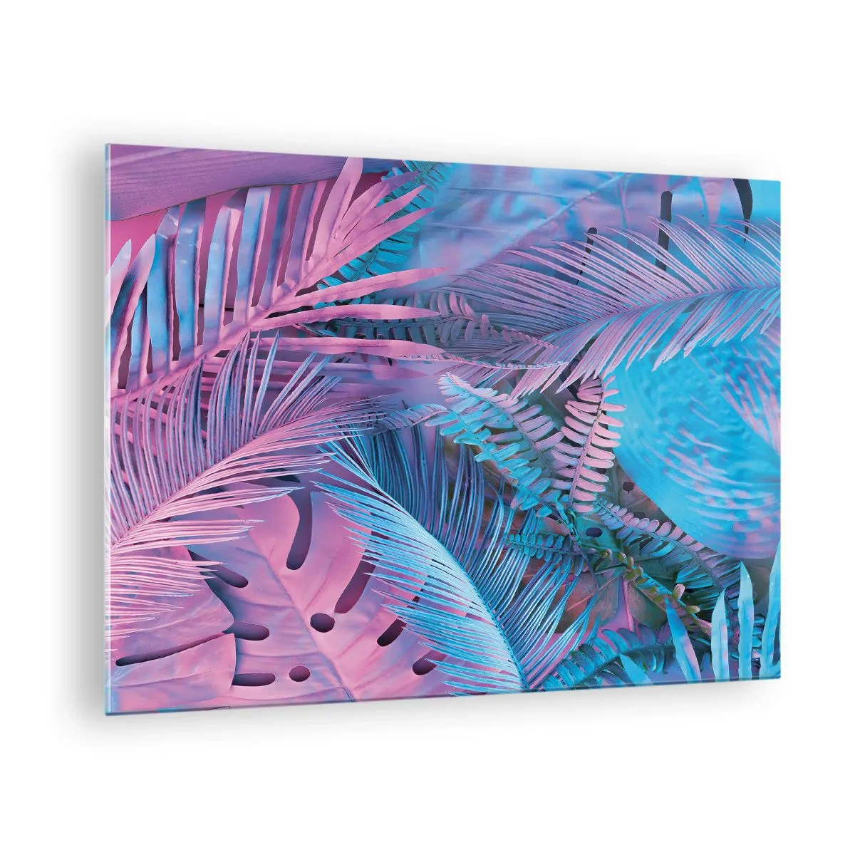 Glass picture - Tropical leaves in shades of pink and blue on a neon background - 70x50cm - Tropics in Pink and Blue - Modern wall decoration for the living room and bedroom ARTTOR