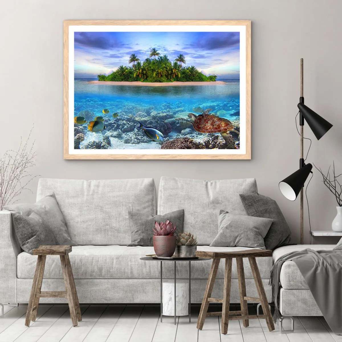 Poster in light oak frame - Heavenly Island Invites You - 91x61 cm