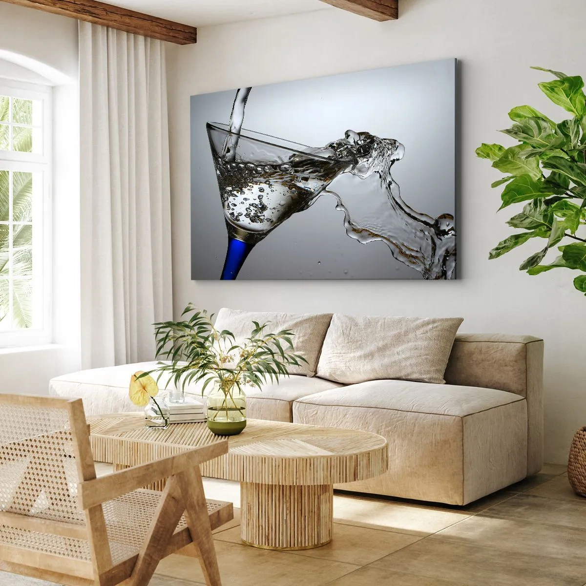 Canvas picture - glass of water in motion on a light background - 70x50cm - Crystal Clear Water in a Crystal Glass - Modern wall decoration for the living room and bedroom ARTTOR