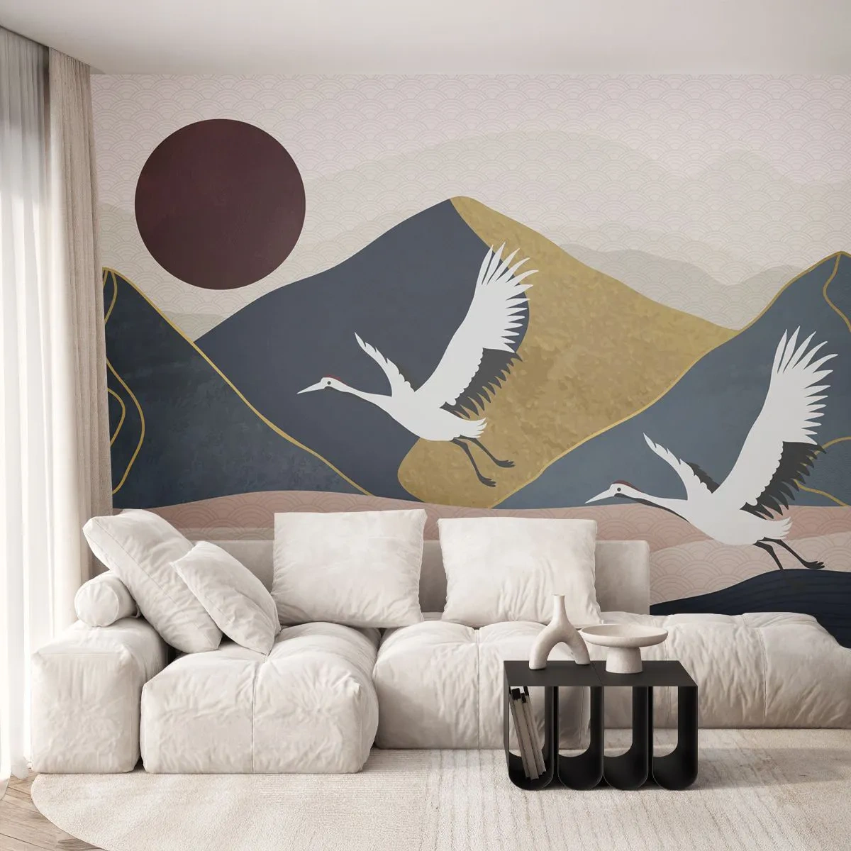 Photo Wallpaper Premium Sand - Another Day Has Flown By - Abstraction, Cranes, Mountains - 400x280 cm