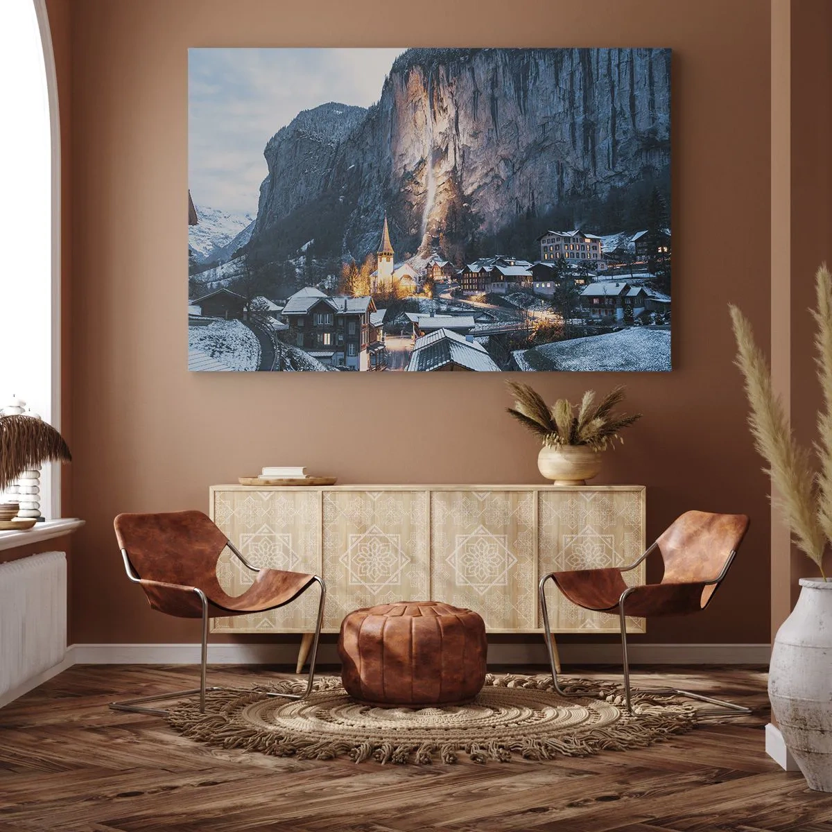 Canvas picture - A picturesque winter village surrounded by mountains - 70x50cm - Sparkling Winter Spirit - Modern wall decoration for the living room and bedroom ARTTOR