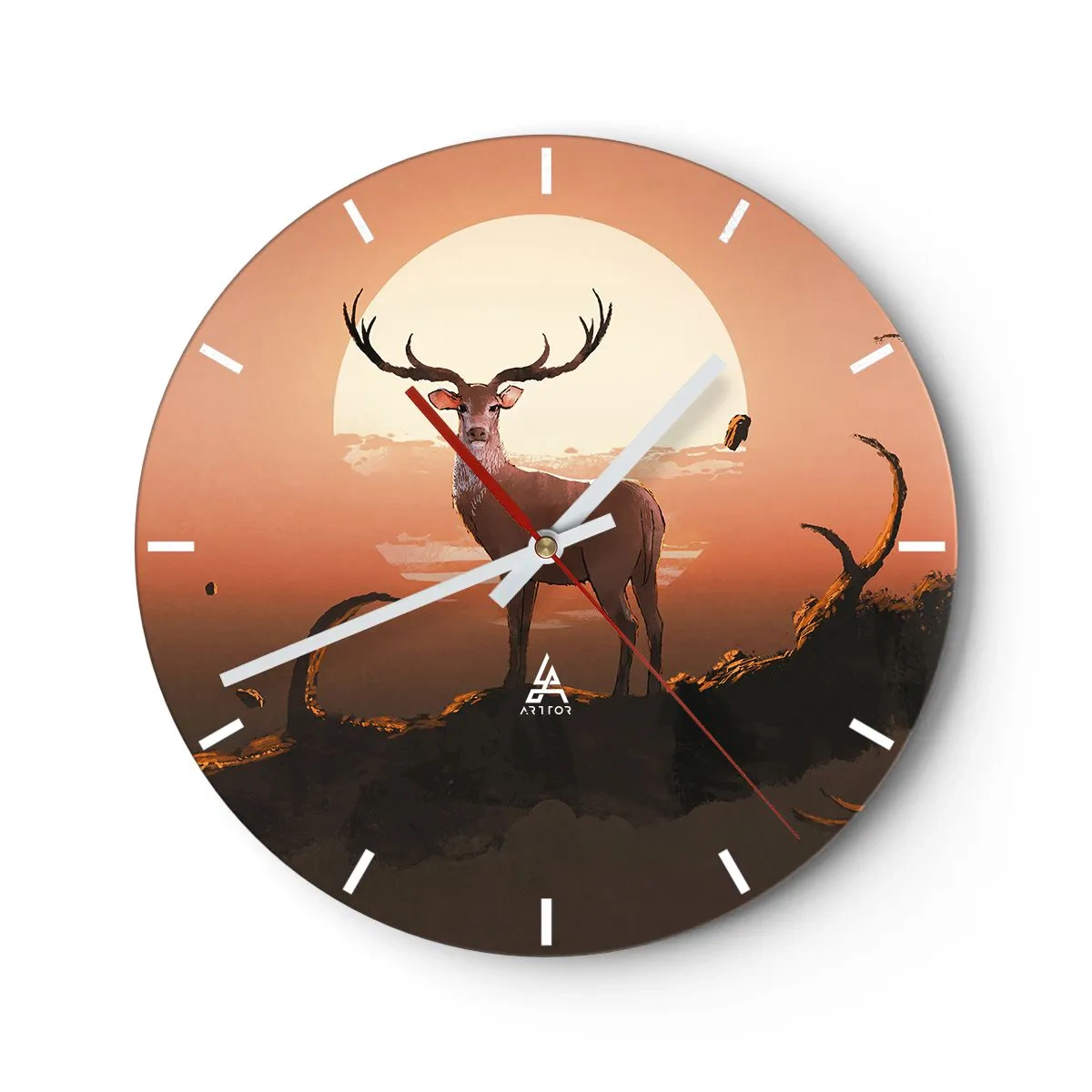 Wall clock - Clock on glass - Silhouette of a deer against the setting sun - 30x30cm - This Night Is Like No Other - Modern wall decoration for the living room, kitchen, and bedroom ARTTOR