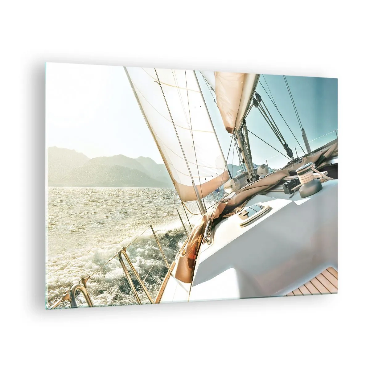 Glass picture - A sailing yacht against the backdrop of mountains and a blue sky - 70x50cm - Full Sail - Modern wall decoration for the living room and bedroom ARTTOR
