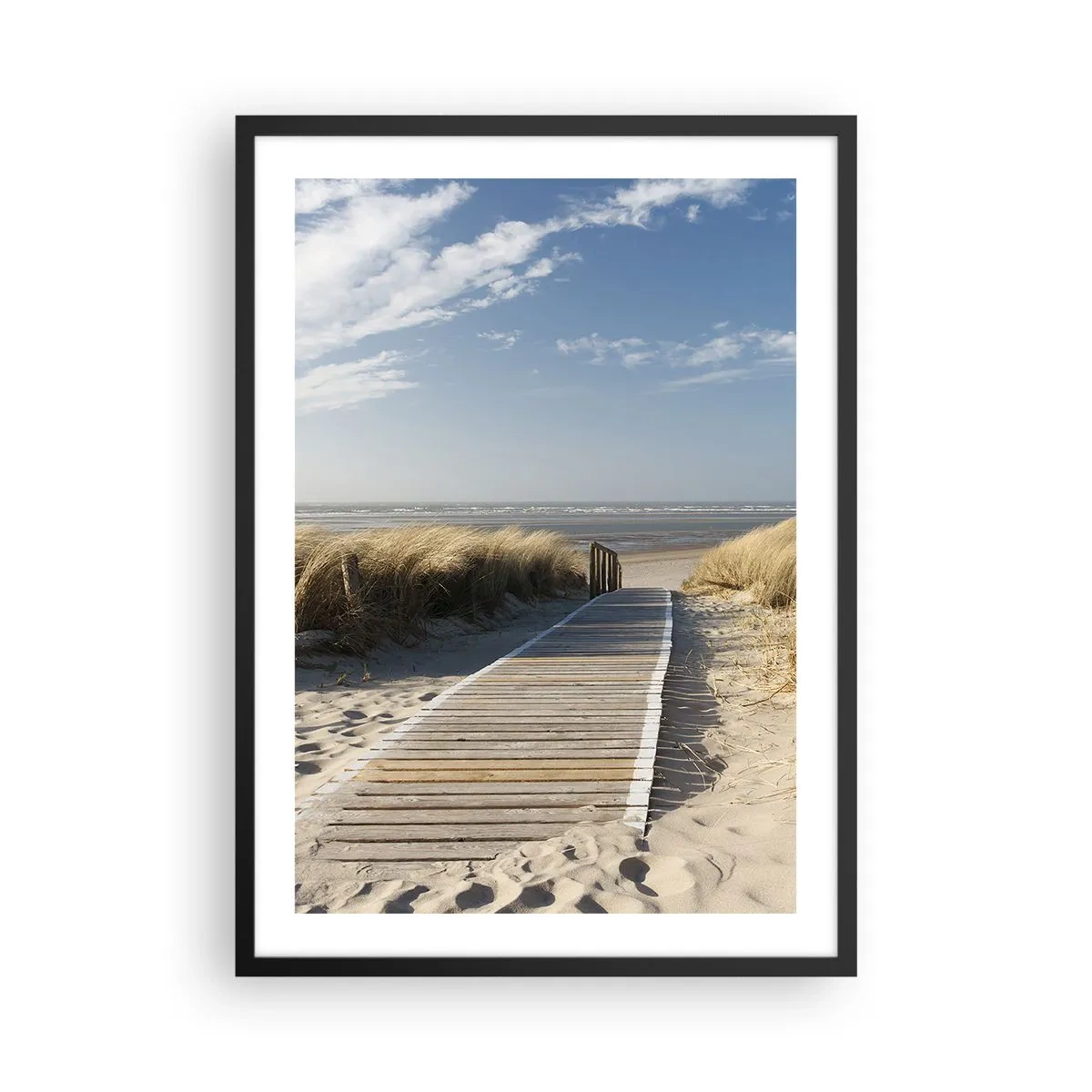 Poster in black frame - Beach path through the dunes with blue skies - 50x70cm - Behind a Dune, in the Hum of Trees - Modern wall decoration for the living room and bedroom ARTTOR