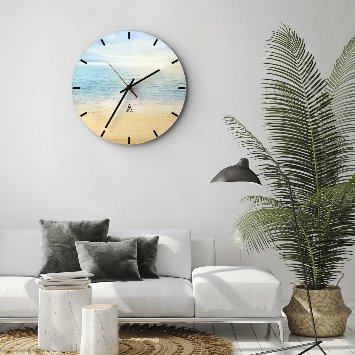 Wall clock - Clock on glass - A quiet beach with azure sea and clear sky - 30x30cm - The Big Blue - Modern wall decoration for the living room, kitchen, and bedroom ARTTOR