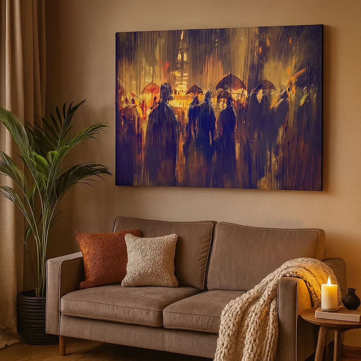 Canvas picture - Figures with umbrellas in a rainy city at night - 70x50cm - Followers of the Rain - Modern wall decoration for the living room and bedroom ARTTOR