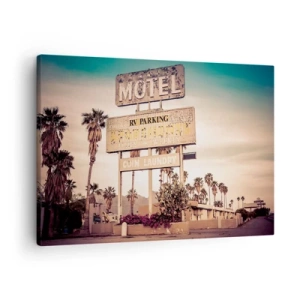 Canvas picture - Retro motel sign surrounded by palm trees - 70x50cm - The Time Stopped Here - Modern wall decoration for the living room and bedroom ARTTOR
