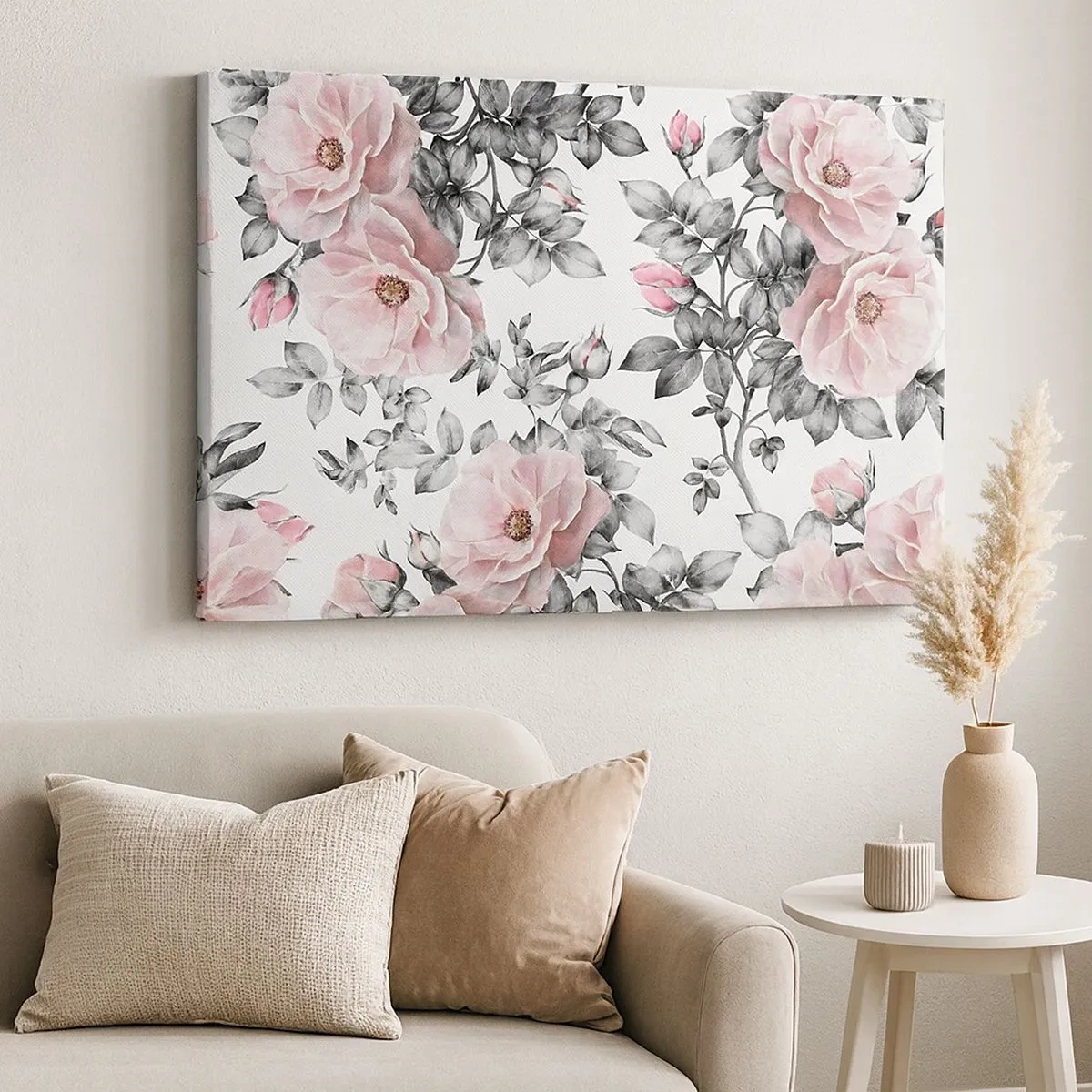 Canvas picture - Pink roses and leaves on a delicate black and white background - 70x50cm - Getting Lost in Rose Flowers - Modern wall decoration for the living room and bedroom ARTTOR