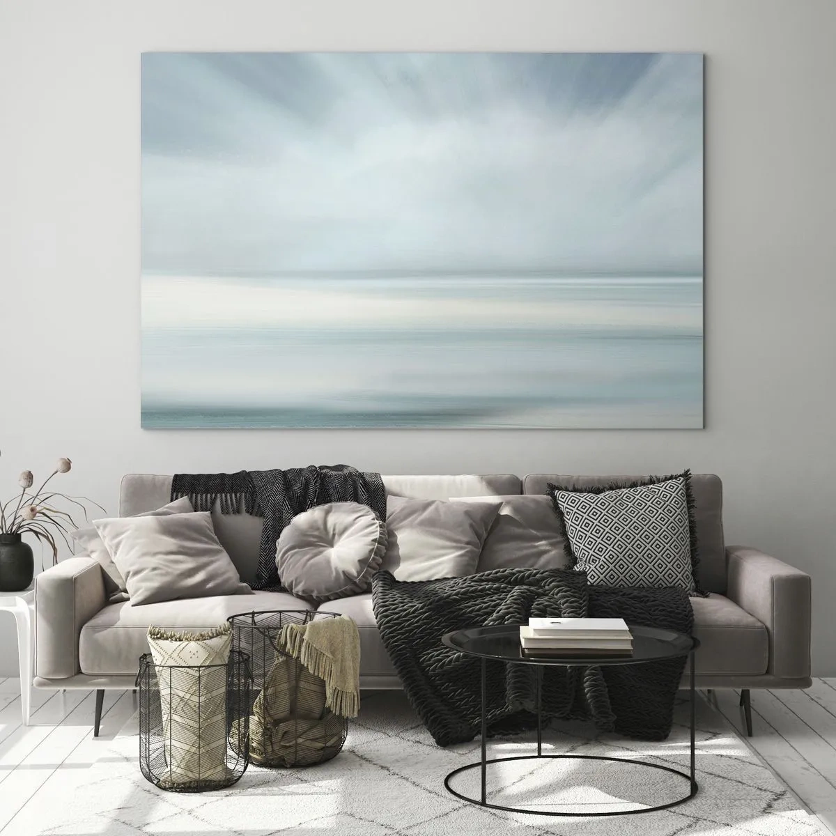 Glass picture - Blurred abstraction in shades of blue, white and gray - 70x50cm - Calm up to the Horizon - Modern wall decoration for the living room and bedroom ARTTOR