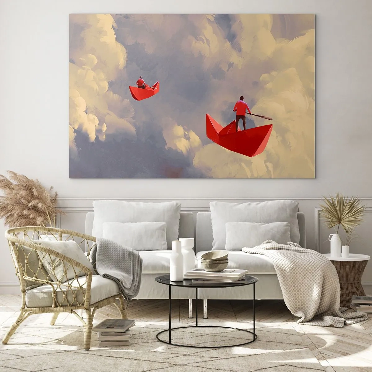 Glass picture - Two people in red boats against a cloudy sky - 70x50cm - Dream Trip - Modern wall decoration for the living room and bedroom ARTTOR