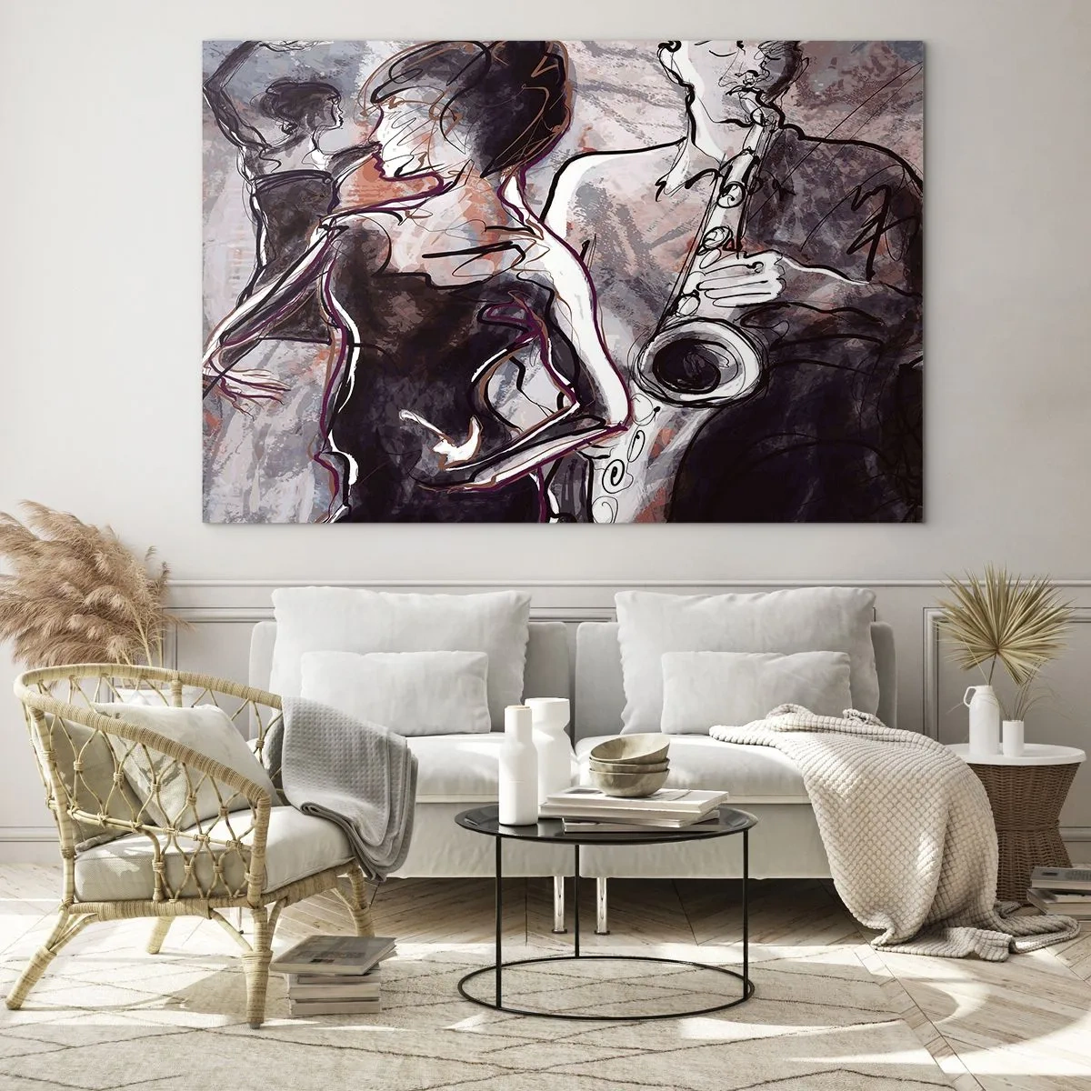 Glass picture - Dancers and a saxophonist in an artistic sketch style - 70x50cm - Melt away in Music - Modern wall decoration for the living room and bedroom ARTTOR