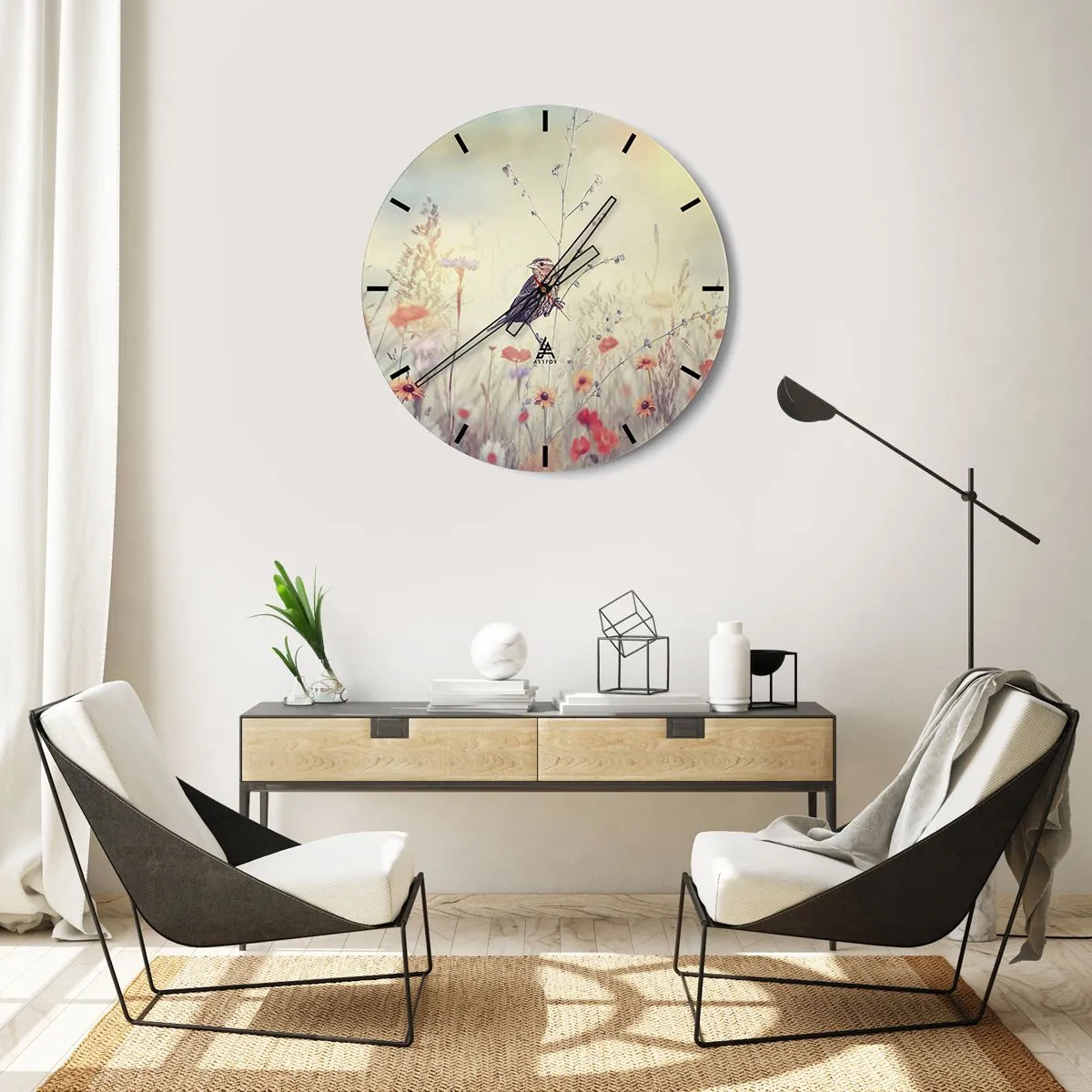 Wall clock - Clock on glass - Bird Portrait with a Meadow in the Background - 40x40 cm
