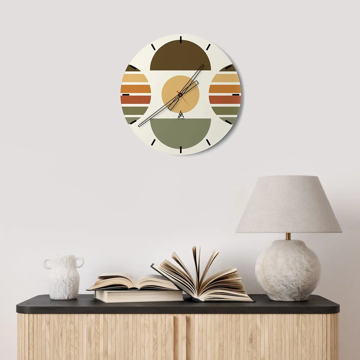 Wall clock - Clock on glass - Geometric semicircles and stripes in earthy tones on a light background - 30x30cm - In the Colours of Soli - Modern wall decoration for the living room, kitchen, and bedroom ARTTOR